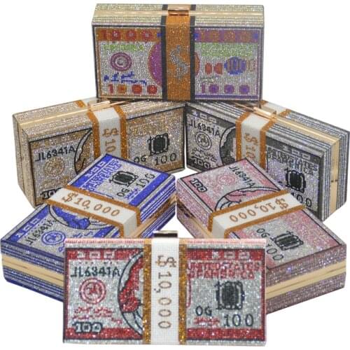 Luxury $100 Dollars Rhinestone Crystal Money Bag Clutch Evening Bag Purse Crystals Bling Money Bag Rhinestone Money Purse