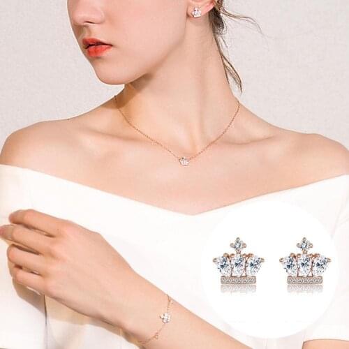 SILVERHOO Women Necklace Crown Cubic Zirconia Jewelry Exquisite All Match Ear Studs Bracelet Bangle Girls Gift