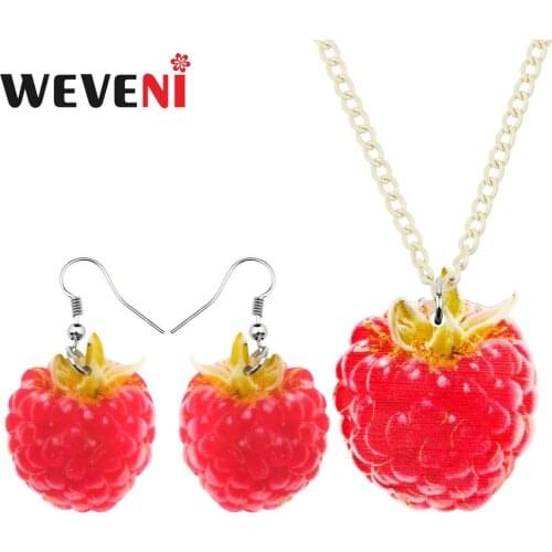 WEVENI Acrylic Jewelry Set Cute Sweet Red Raspberry Necklace Earrings Collar Pendant For Women Girls Party Gift Decorations