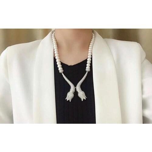 Hand knotted simple noble 10-11mm 70cm white oblate freshwater pearl micro inlay zircon accessories necklace sweater chain