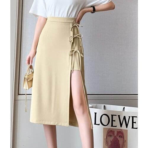 2021 New Women Laced Split Skirt Girls Irregular Fashion A-line Midi Solid Chiffon Chic Skirts Bottoms For Femme S803