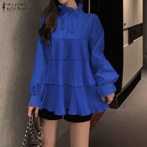 Womens Spring Blouses ZANZEA 2021 Elegant Solid Ruffle Tops Casual Pleated Blusas Female Puff Sleeve Shirts Chemise