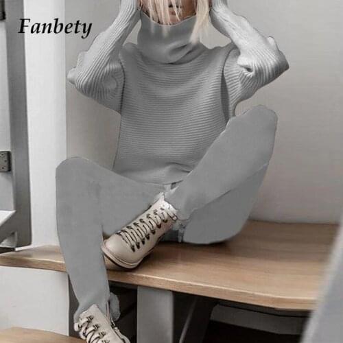 2020 Autumn Winter Knit Rib Two-Piece Sets Elegant Women Stand Neck Long Sleeves Tops And Pant Ladies Casual Solid Leisure Suits