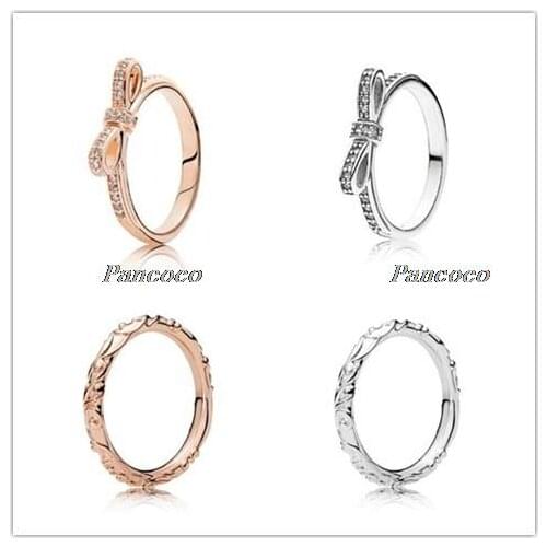 Authentic 925 Sterling Silver Ring Sparkling Rose Golden Bow With Crystal Ring For Women Wedding Party Gift Fashion Jewelry
