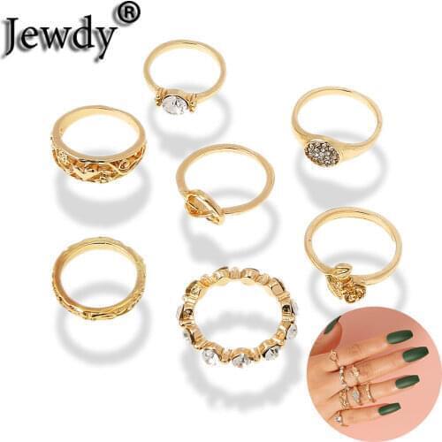 7Pcs/Set Simple Style Rose Flower Rings Set Boho Rhinestone Heart Number 8 Finger Jewelry Women Men Anniversary Party Gifts