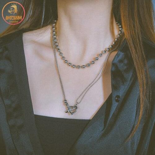 Akizoom Stainless Steel Arrow Goes Through Heart Pendant Link Bead Chain Necklace for Women Jewelry Party Gift Freeshipping