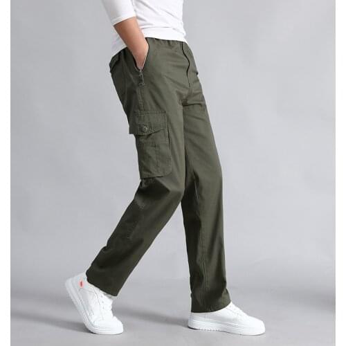 Mens Casual Trousers Cotton Elastic Waist Long Len Multi-pocket Plus Tall 5XL Mens Clothing Big Size Cargo Sporting Pants