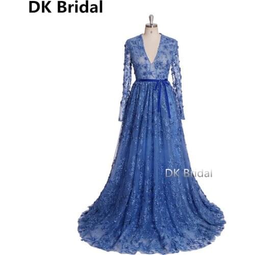 Elegant Muslim Evening Dress 2019 Royal Blue Lace Appliques Evening Dubai Arabic Long Sleeves Formal Evening Gown robe de soiree