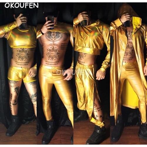 Cool Mens magic color golden technology style party sexy costume bar nightclub ds men performance costume stage dance clothing
