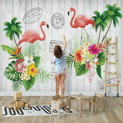 Nordic Style INS Mural Wallpaper 3D Tropical Plants Leaves Birds Wooden Board Wall Painting Living Room TV Self-Adhesive Sticker