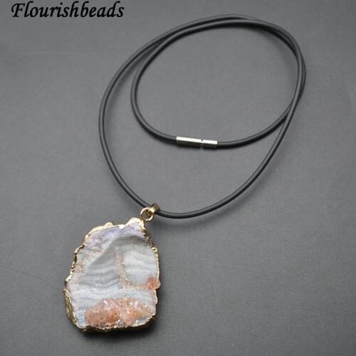 Natural Gray Rough Agate Stone Freeform Slice Pendant Leather Cord Chains Necklace Fashion Party Jewelry