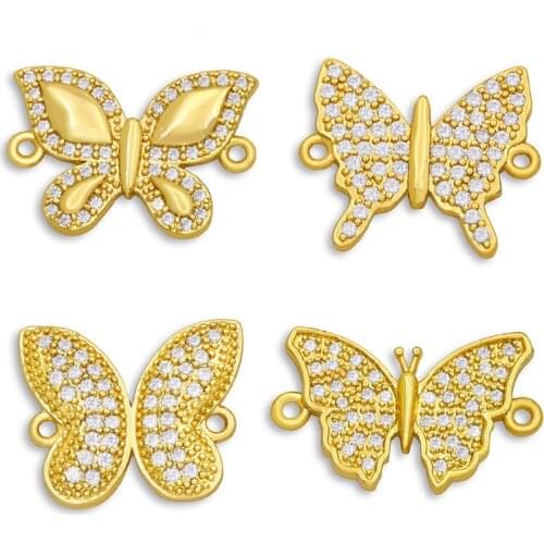 OCESRIO 18K Gold Plated Brass CZ Butterfly Bracelet Charms for Jewelry Making Designer Double Hole Connector Charms DIY chma046