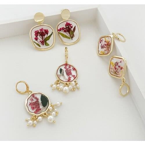 Minar Bohemia Red Dried Flower Resin Drop Earring Floating Pressed Floral Pearls Tassel Dangle Earrings Summer Beach Jewelry