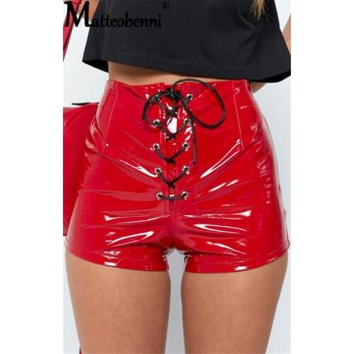 New Women Gothic Black PU Leather Shorts Lace Up Wet Look Vinyl Shorts Lady Sexy Casual High Waist Shorts Hot Girls Latex Shorts