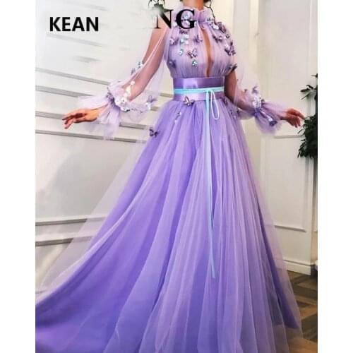 Lilac Evening Dress Appliques Full Sleeve Lantern Illusion Islamic Dubai Kaftan Saudi Arabic Evenin Prom Dress Custom Made