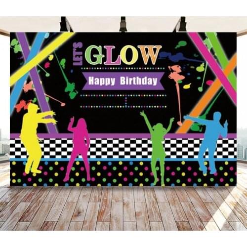 Glow Happy Birthday Music Club Party Backdrop Photography Colorful Neon Lamp Banner Family Party Photo Background