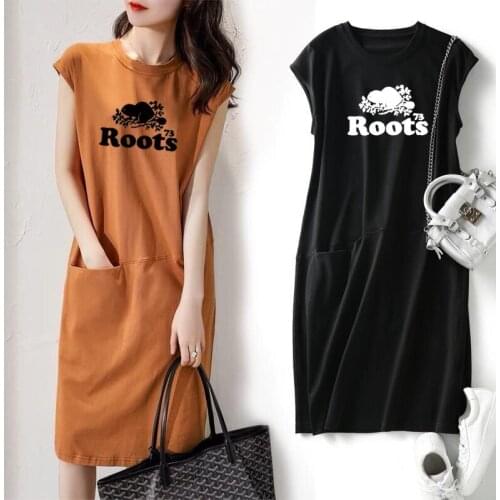 Loose sleeveless T-shirt 2021 summer new cotton sleeveless o-neck pocket letter skirt womens dress large medium length dress
