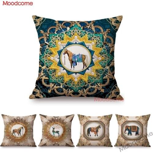 Vintage European Royal Court Luxury Horse Design Metallic Madala Sofa Decoration Throw Pillow Case Emerald Linen Cushion Cover