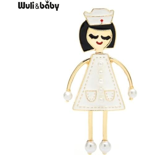 Wuli&baby Movable Legs Nurse Brooches Women 3-color Enamel Nurse Doctor Hospital Casual Office Brooch Pins Gifts