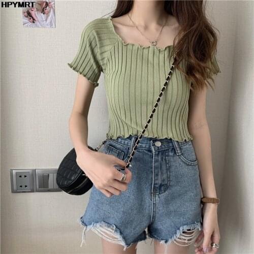 Women T-shirt Off Shoulder Knitting Crop Tops Women Short Sleeve Stretchy Ruffles Hem t shirt Stripes Tops For womens t-shirt