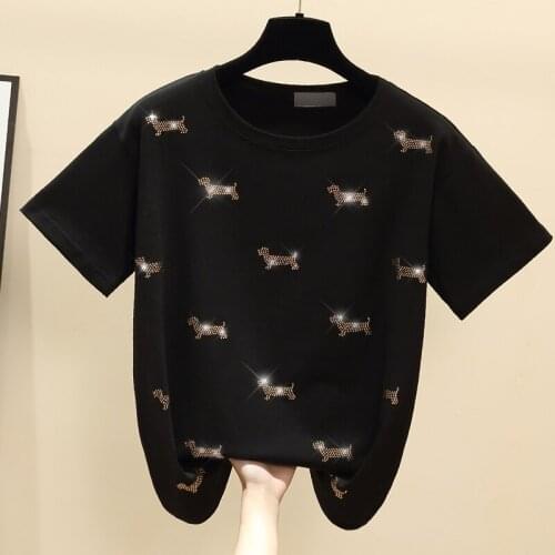 Short Sleeve 2021 Korean T shirt Women Clothes Diamond Cotton Casual White Female T-Shirt Summer Tops Black Tee Shirt