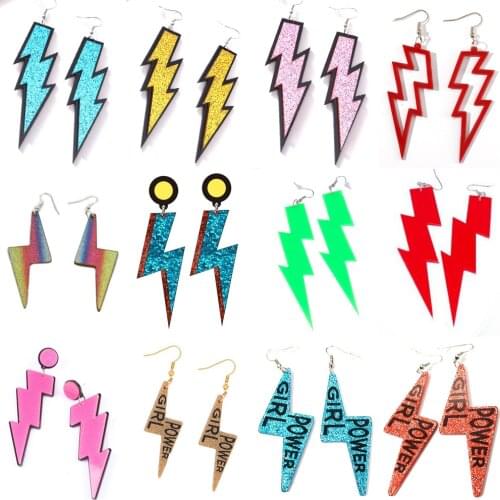 Lightning Acrylic Earrings For Women Punk Glitter Powder Colorful Letter Girl Power Cutout Geometric Earrings Party Gift Jewelry