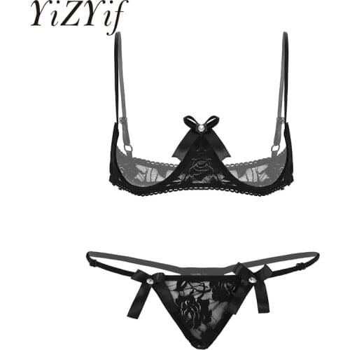 Womens open cup bra top Sexy Thong Sheer Lace Lingerie Bare Exposed Breasts Underwired Shelf Bra with G-string thong underwear