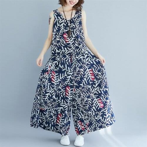 Summer New Floral Fashion Suit Women Sleeveless Pullover Blouse + Elastic Waist Wide-Leg Trousers Cotton Linen Two-Piece Female
