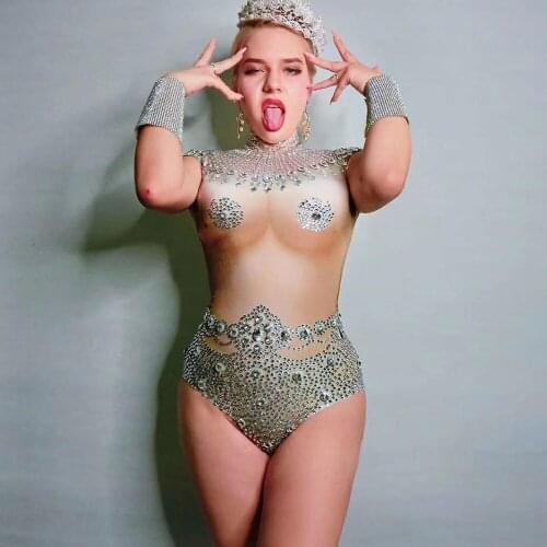 Female Singer Rhinestones Performance Show Stretch Bodysuit Sexy Nude Crystals Leotard Women Nightclub Stage Dance Costumes
