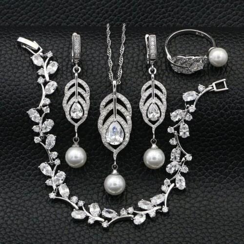 925 Silver Wedding Jewelry Sets For Bride Accessories White Pearl Cubic Zirconia Necklace/Earrings/Bracelet/Pendant/Ring