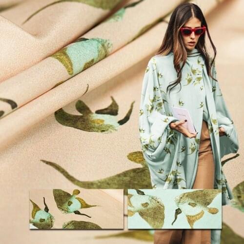 Animal-fish printed pure silk crepe satin fabric, rubber pink,mint green color,sewing for dress,skirt,shirt,craft by the yard