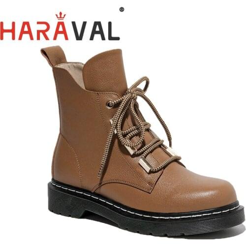 HARAVAL Women Quality Autumn Ankle Boots Leather Cross Lace-Up Flat Lady Shoes Fashion Elegant Black Martin Motorcycle BootE141L