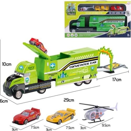 Childrens toy inertial container truck with three alloy trolley rail car slide scene model toy