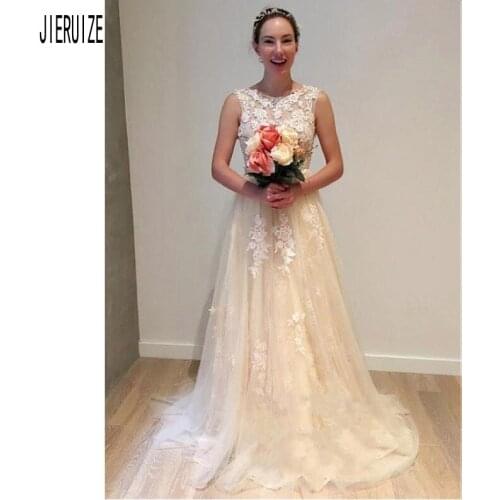 JIERUIZE Light Champagne Women Wedding Dress Bridal Gowns Jewel Neck Lace Appliques Backless robe de mariee Bride Dresses