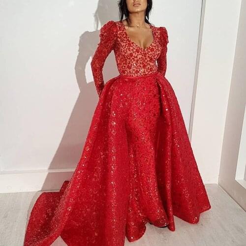 Red Luxury Long Sleeves Beading Sexy Wedding Dresses 2020 Dubai Mermaid V-Neck Vintage Formal Dress WD30639