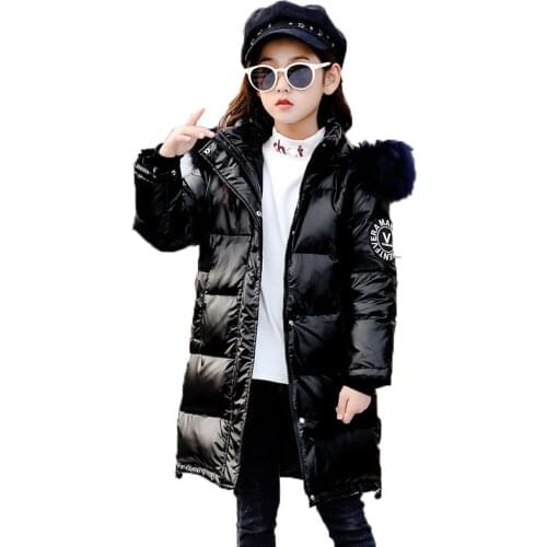 Jackets for Girls Teenager Warm Shiny Hooded Waterproof Outerwear Long Solid Children Coat for 4-14 Years Fashion Kids Clothes