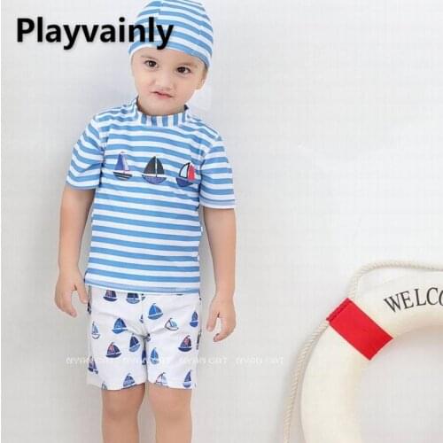 Wholesale Baby Girls Swimming Wear Stripe sailing short sleeve swimsuit + shorts +Hat 3pcs suit Children Fashion Swimwear E71176