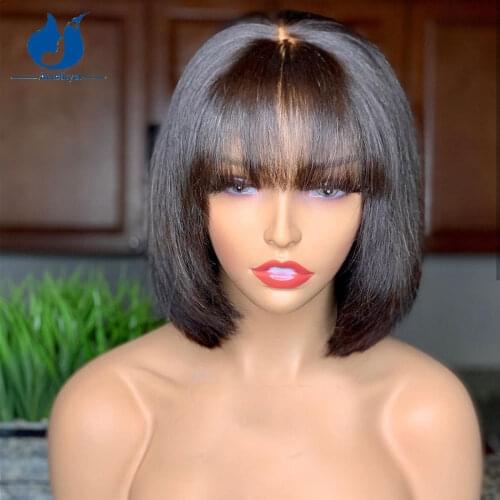 Amethyst 13x4 Lace Front Wigs With Bang Human Hair Short Cut Bob Lace Wig Glueless Remy Human Hair Lace Front Wigs Natural Color