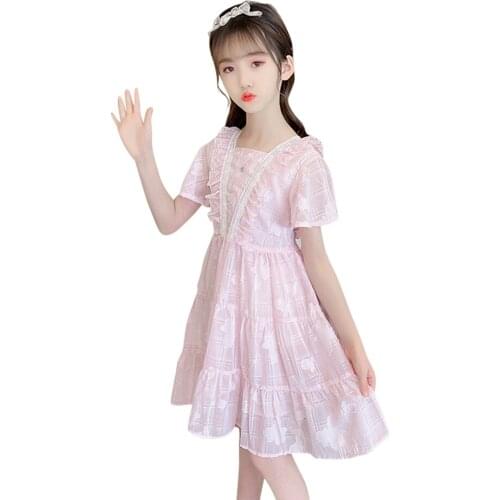 Dress For Girls Plaid Pattern Dress For Girl Lace Floral Kids Dresses Summer Girls Clothing 6 8 10 12 14