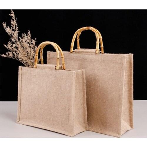 Portable Burlap Jute Shopping Bag Handbag Bamboo Loop Handles Reusable Tote Grocery Bags for Women Girls