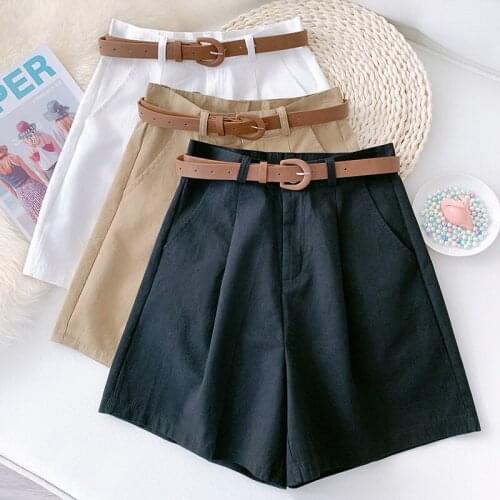 Wasteheart Summer New Casual Black White Khaki Cotton Women High Waist Shorts Camel Short Zipper England Style Slim Sashes