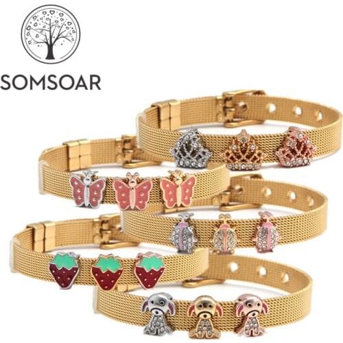 Somsoar Jewelry Keeper Slide Charm Bracelet Gold Stainless Steel Mesh Bangles with 8mm silvering/gold/rose gold DIY Charm