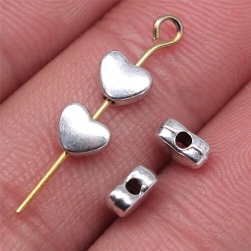 WYSIWYG 40pcs 6x5mm Antique Silver Color Heart Charms Beads Heart Beads Charms Pursuit Heart Small Hole Beads