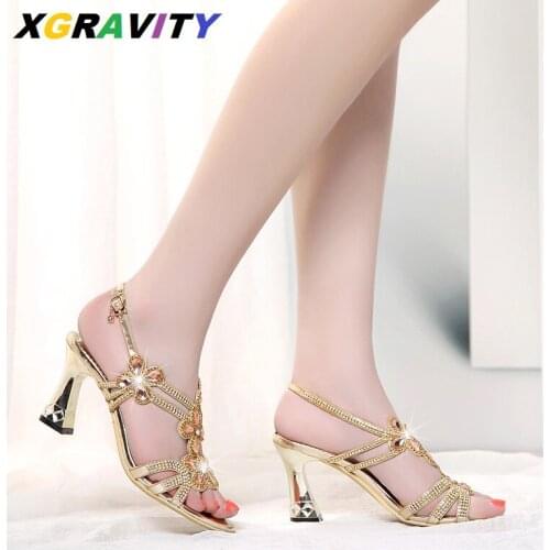 XGRAVITY 2021 New Women Sandals Sexy High Heel Crystal Shoes Elegant Womans Eveningt Shoes Open Toe Sandals Female ShoesD014