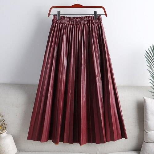 Autumn Winter Women Midi-Calf PU Leather Elastic Waist Pleated Skirts Office Ladies High Waist A-Line Harajuku Skirt DS288