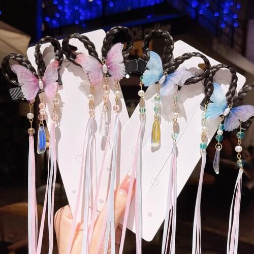 2pcs Hanfu Cosplay Flower Sweet Butterfly Hairpins Women Girl Kid False Braids Hair Clip Pin Barrettes Hairgrip Hair Accessories