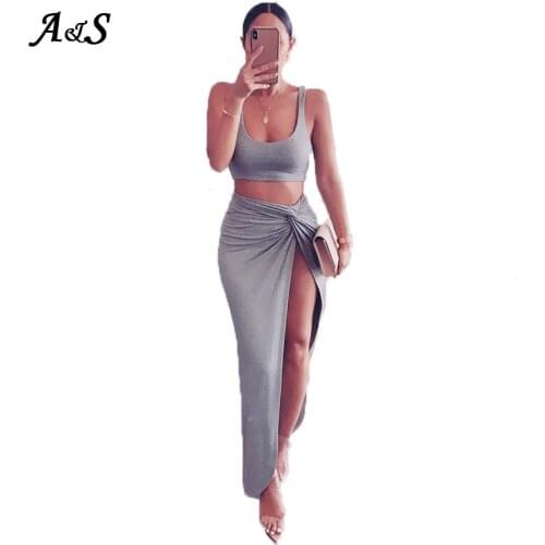 Anbenser Sexy Party 2 Piece Set Women 2020 Plus Size Crop Top Twist Side Split Long Skirts Matching Sets Club Two Piece Outfits