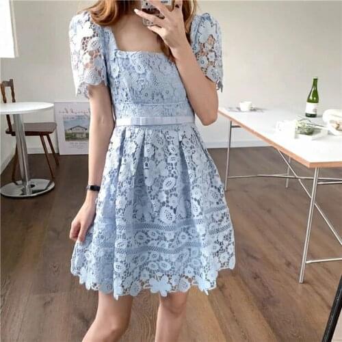2021 New Arrive High Quality Square Collar Short Sleeve Women Lace Mini Dress Hollow Out Spliced Lady Floral Dress