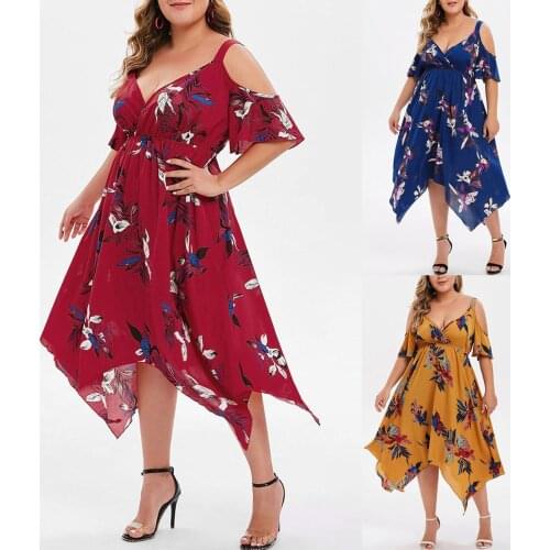 WomenS Dress Summer Beach Plus Size Ladies V-Neck Strapless Short-Sleeved Suspender Flower Print Dress платье летнее 50