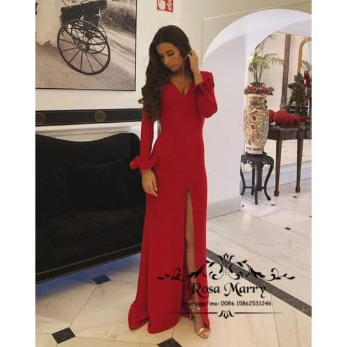 Red Long Sleeve Cheap Evening Dresses 2020 Mermaid V Neck Plus Size Cheap Women Formal Evening Wear Vestido De Fiesta De Noche